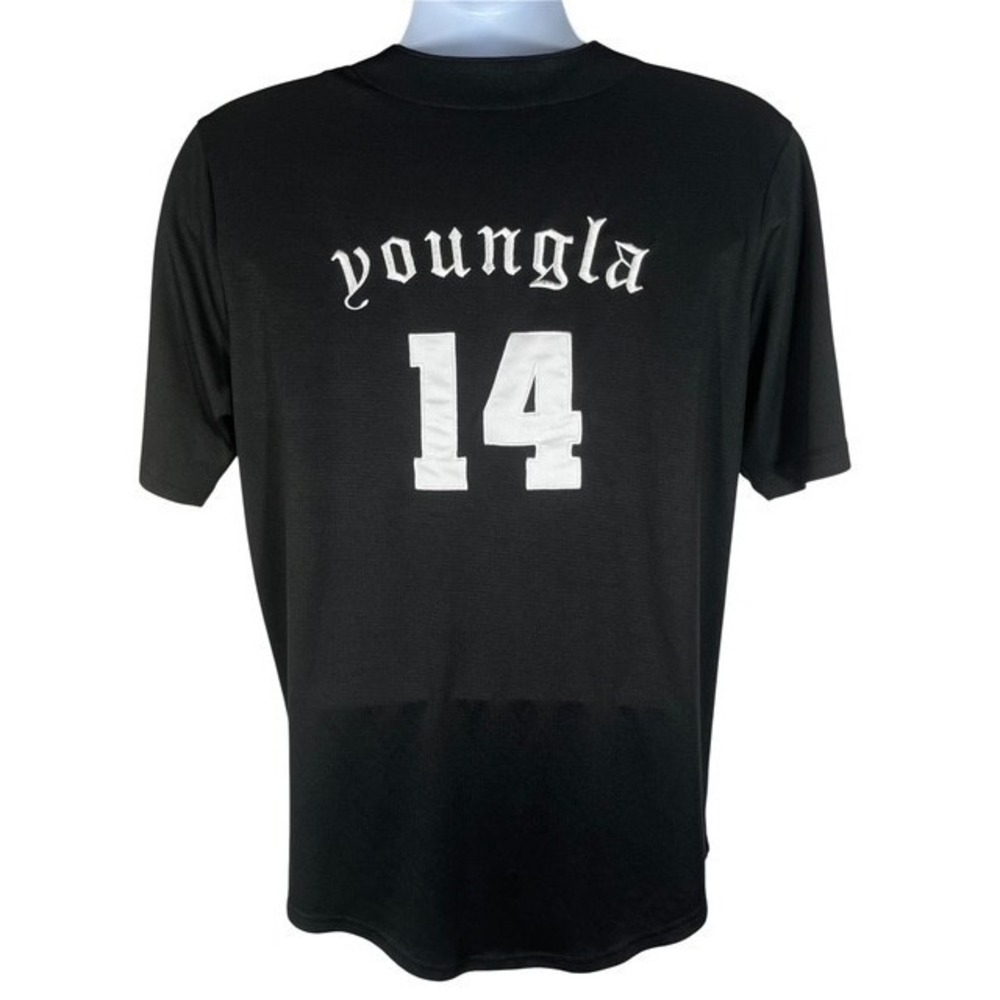 YoungLA Mens Sz M Black Short Sleeve Baseball Jersey Logo Embroidery Gym -1833
